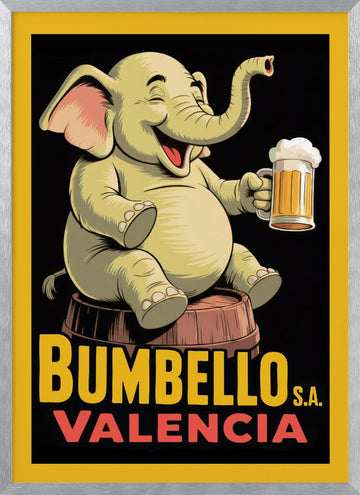 Cheerful Elephant With Beer | Poster - Silver Frame Interior