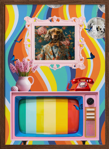 Dapper Dog Eclectic Scene | Poster - Walnut Frame Interior
