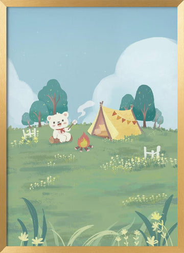 Bear Campfire Roasting Marshmallow | Poster - Gold Frame Interior