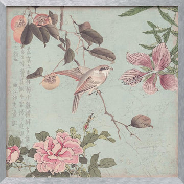 Asian Bird and Peonies | Poster - Silver Frame Interior