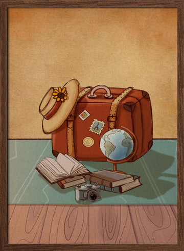 Vintage Travel Essentials | Poster - Walnut Frame Interior