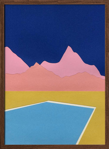 Blue Pool Pink Mountains | Poster - Walnut Frame Interior