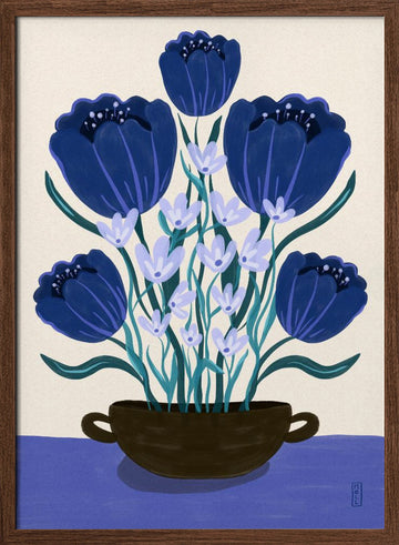 Blue Floral Arrangement | Poster - Walnut Frame Interior