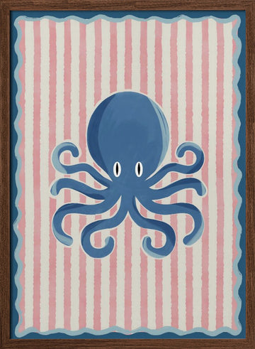 Playful Blue Octopus | Poster - Walnut Frame Interior