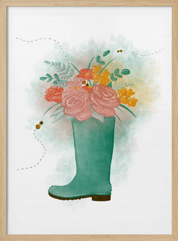 Whimsical Floral Boot | Poster - Wood Frame Interior