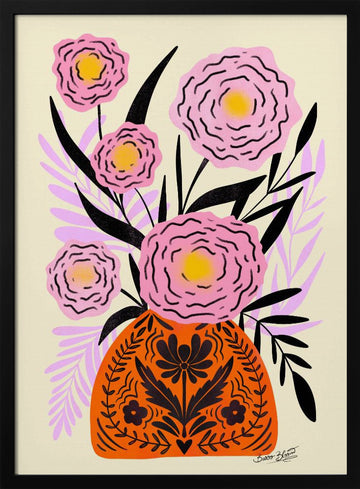 Vibrant Folk Floral Vase | Poster - Black Metal Frame Interior