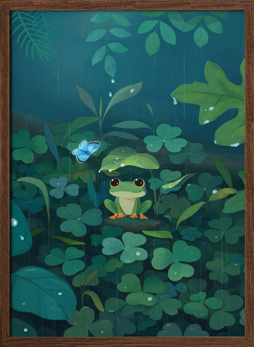 Rainy Day Frog | Poster - Walnut Frame Interior