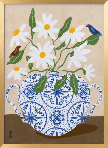 Daisies In Blue Teapot | Poster - Gold Frame Interior