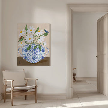 Daisies In Blue Teapot | Canvas - Room Interior 1