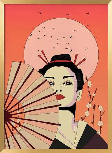 Japanese Geisha with Fan | Poster - Gold Frame Interior