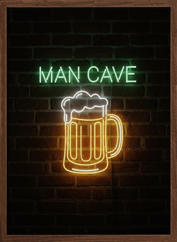 Man Cave Neon Beer Mug | Poster - Walnut Frame Interior
