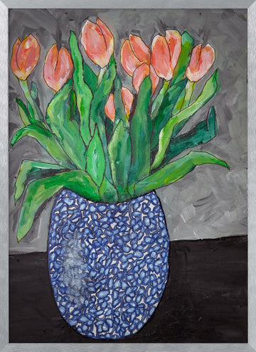 Vibrant Tulips In Blue Vase | Poster - Silver Frame Interior