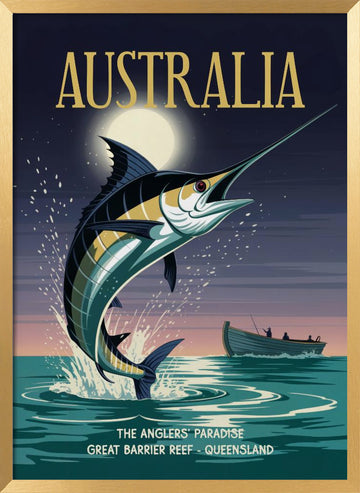 Leaping Marlin Australia Night | Poster - Gold Frame Interior