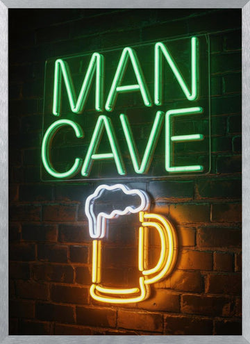 Man Cave Beer Mug Neon | Poster - Silver Frame Interior