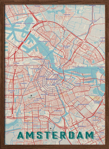Stylized Amsterdam Map | Poster - Walnut Frame Interior