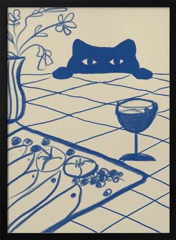 Curious Blue Cat Dinner | Poster - Black Metal Frame Interior