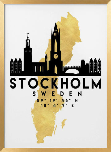 Stockholm Gold Map Skyline | Poster - Gold Frame Interior