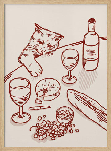 Curious Kitten Wine Table | Poster - Wood Frame Interior