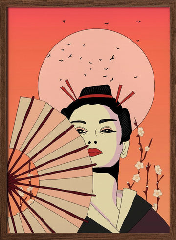 Japanese Geisha with Fan | Poster - Walnut Frame Interior