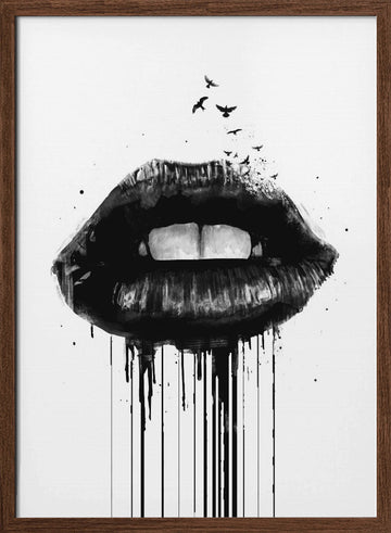 Dark Lips With Birds | Poster - Walnut Frame Interior