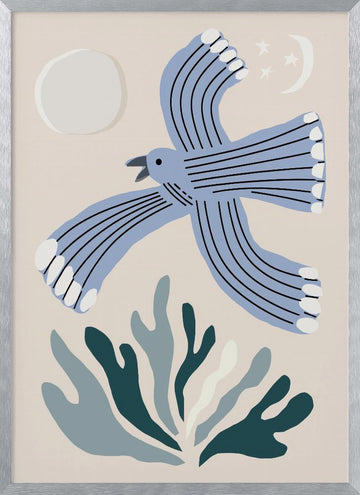 Blue Bird Night Flight | Poster - Silver Frame Interior