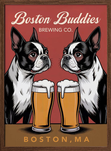 Boston Terrier Beer Buddies | Poster - Walnut Frame Interior