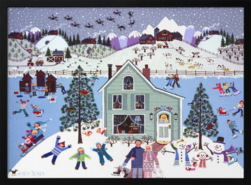 Joyful Winter Village Scene | Poster - Black Metal Frame Interior