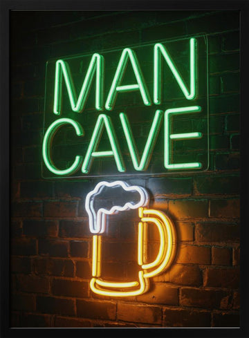 Man Cave Beer Mug Neon | Poster - Black Metal Frame Interior