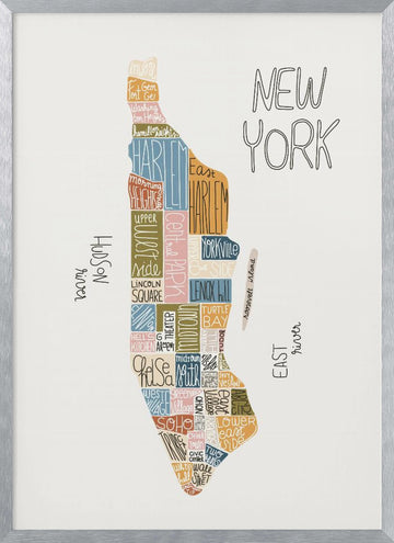 Colorful Manhattan Neighborhoods Map | Poster - Silver Frame Interior