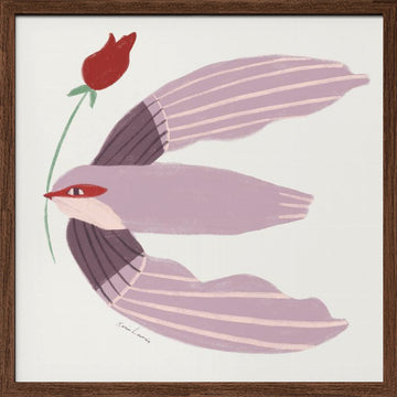 Whimsical Bird with Rose | Poster - Walnut Frame Interior