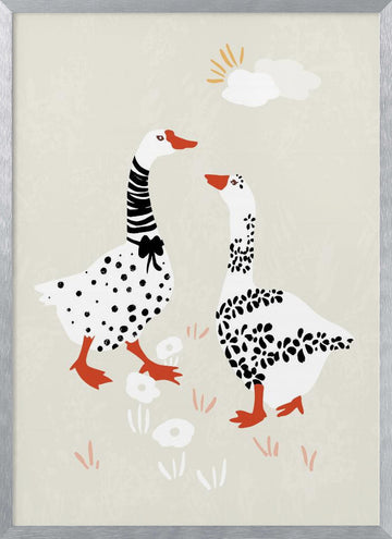 Charming Geese Stroll | Poster - Silver Frame Interior