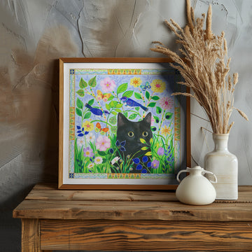 Black Cat In Jewelled Garden | Poster - Room Interior 1