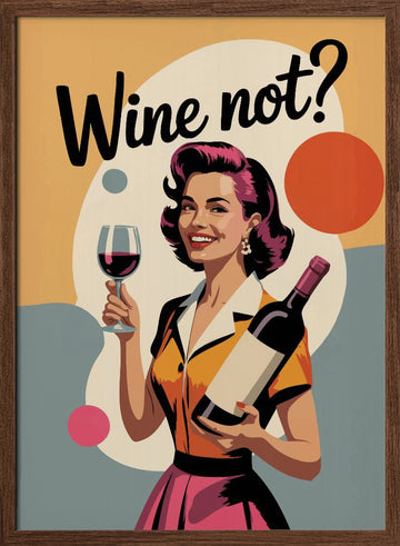 Happy Retro Wine Woman | Poster - Walnut Frame Interior