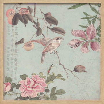 Asian Bird and Peonies | Poster - Wood Frame Interior