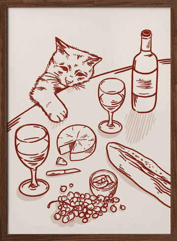 Curious Kitten Wine Table | Poster - Walnut Frame Interior