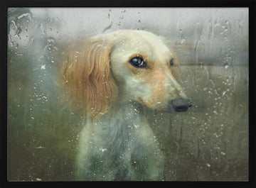 Pensive Dog Rainy Window | Poster - Black Metal Frame Interior