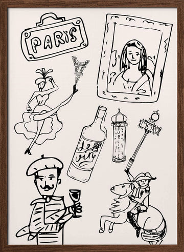 Parisian Icons Illustration | Poster - Walnut Frame Interior