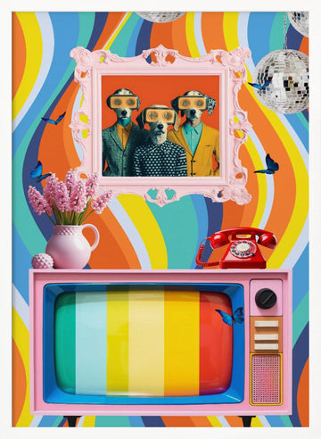 Colorful Retro Dog Scene | Poster - White Frame Interior