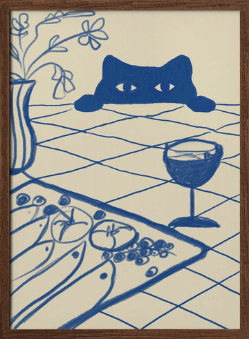 Curious Blue Cat Dinner | Poster - Walnut Frame Interior