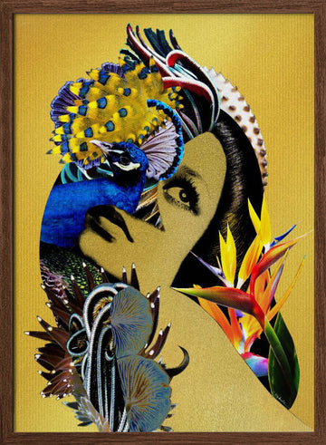 Golden Peacock Woman | Poster - Walnut Frame Interior