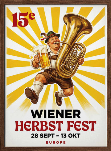 Happy Man Beer Tuba | Poster - Walnut Frame Interior