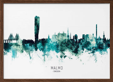 Malmo Watercolor Skyline | Poster - Walnut Frame Interior