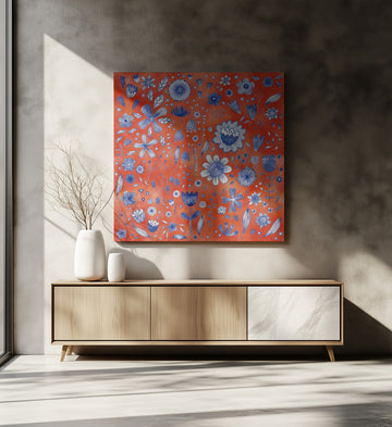 Whimsical Blue Orange Flowers | Canvas - Room Interior 2