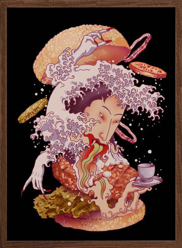 Ukiyo-e Burger Monster | Poster - Walnut Frame Interior