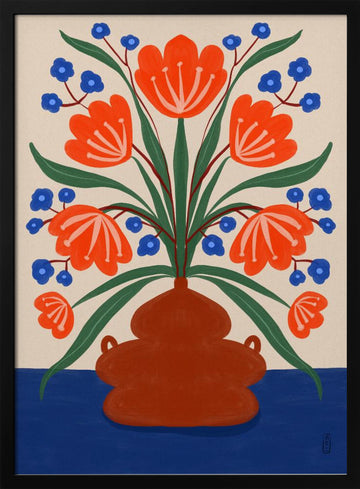 Vibrant Floral Terracotta Vase | Poster - Black Metal Frame Interior