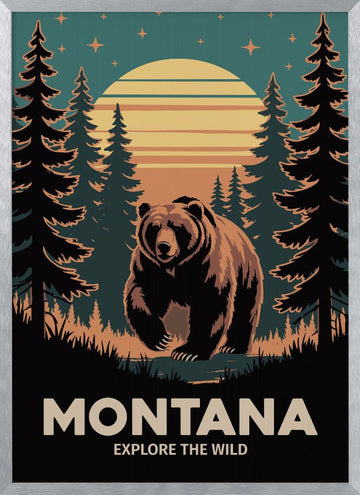 Grizzly Bear Forest Sunset | Poster - Silver Frame Interior