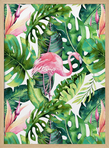 Tropical Flamingo Leaves | Poster - Wood Frame Interior