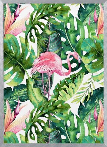 Tropical Flamingo Leaves | Poster - Silver Frame Interior