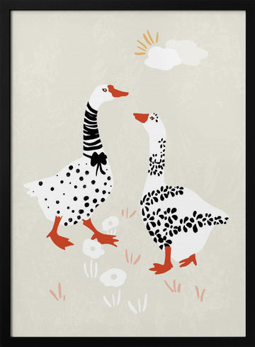 Charming Geese Stroll | Poster - Black Metal Frame Interior