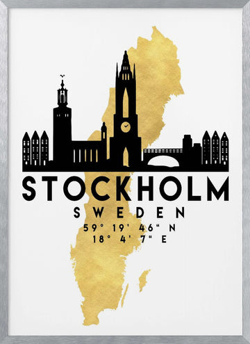 Stockholm Gold Map Skyline | Poster - Silver Frame Interior